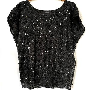 Tolani Cocktail Top Sequin Blouse Black Cap Sleeve  XS